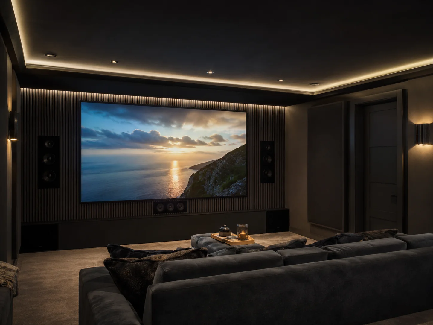 Professionally installed home cinema room with large screen and surround speakers