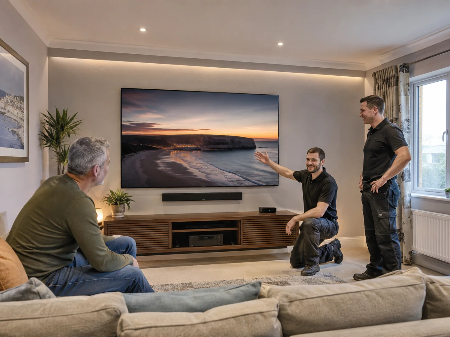 Professional TV installers demonstrating a completed installation to a customer