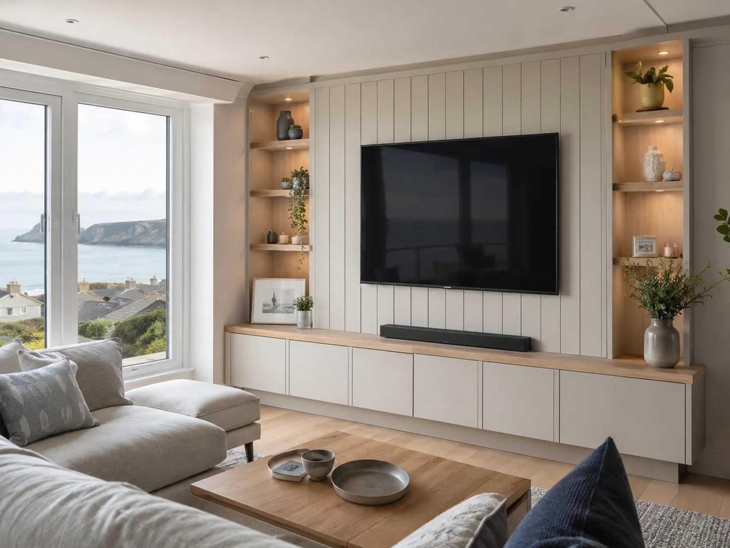 Professional installer finishing a wall-mounted TV and soundbar in Swanage