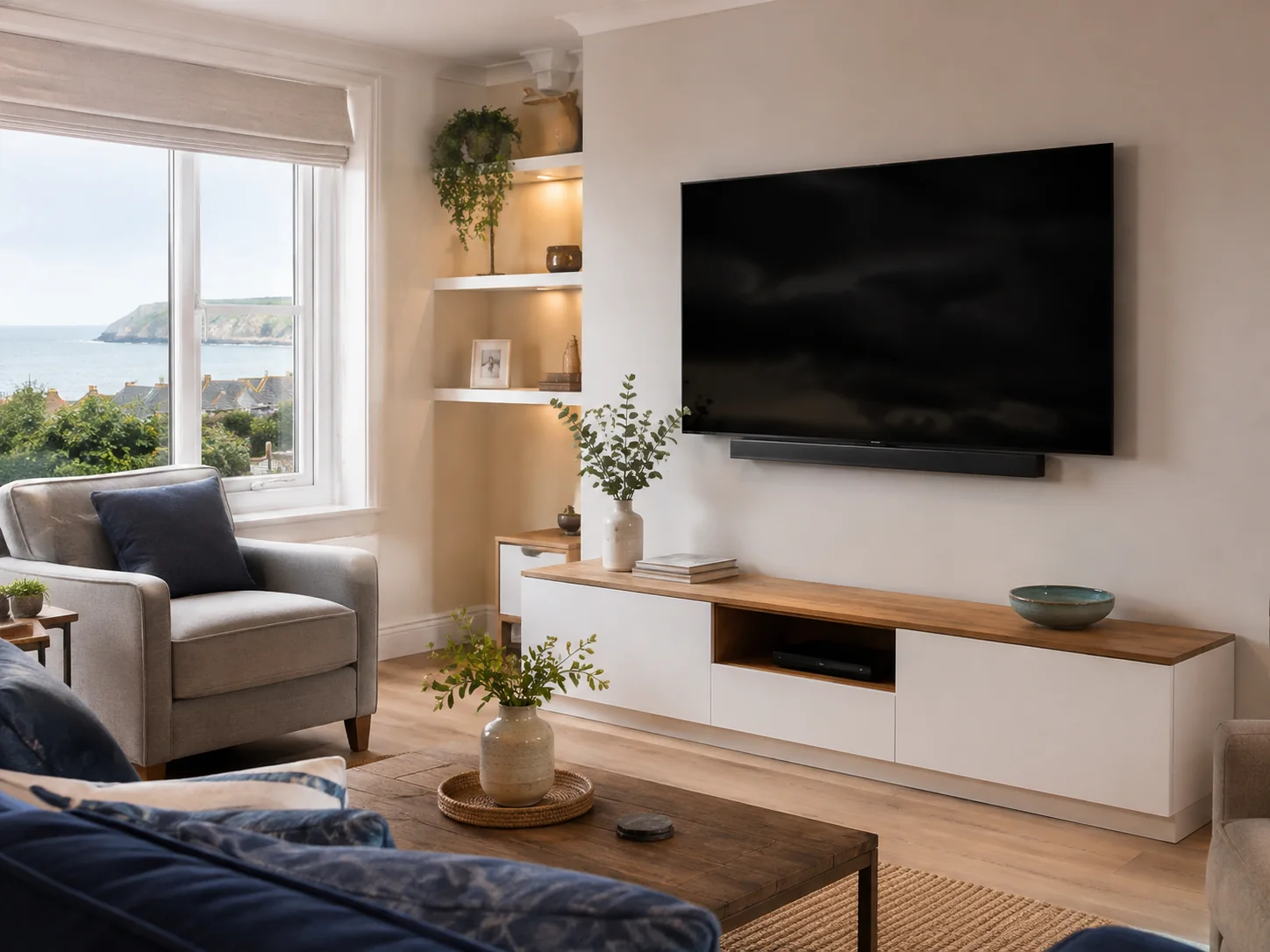 Professional installer setting up a standing TV in a Swanage home
